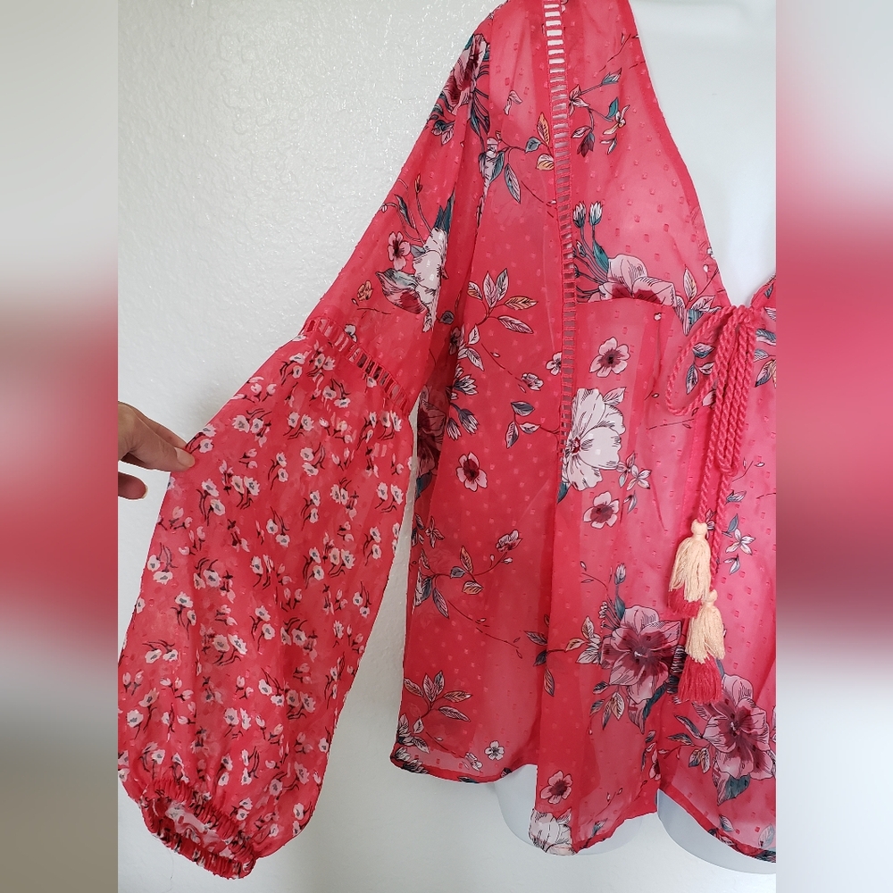 Time And Tru Floral Kimono Beach Coverup Woman's Size L 12-14 Beach Resortwear - Picture 4 of 9